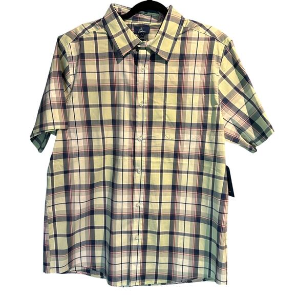 George NWT Large Short Sleeve Button Up Plaid Green Blue Casual Business Work - Picture 1 of 9